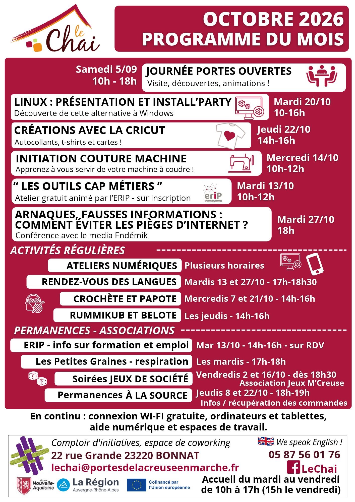 Programme du Mois d'Octobre au Chai